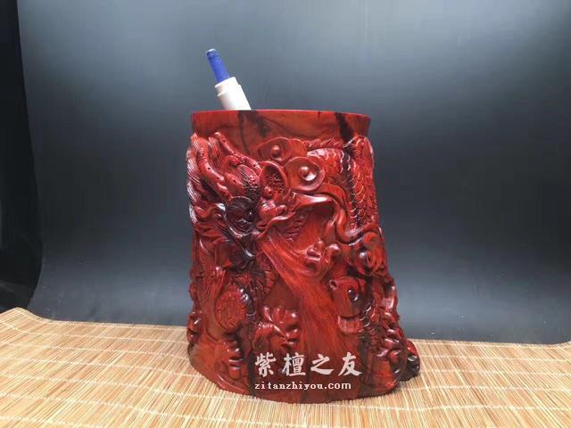 蛟龙得水 印度小叶紫檀纯手工笔筒 象征有才之人遇良机-2