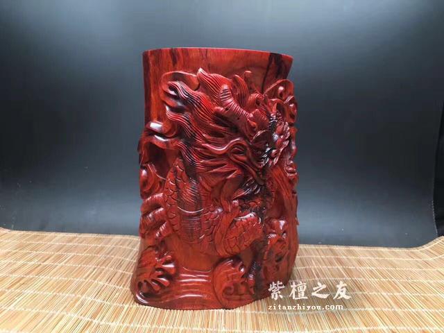 蛟龙得水 印度小叶紫檀纯手工笔筒 象征有才之人遇良机-1
