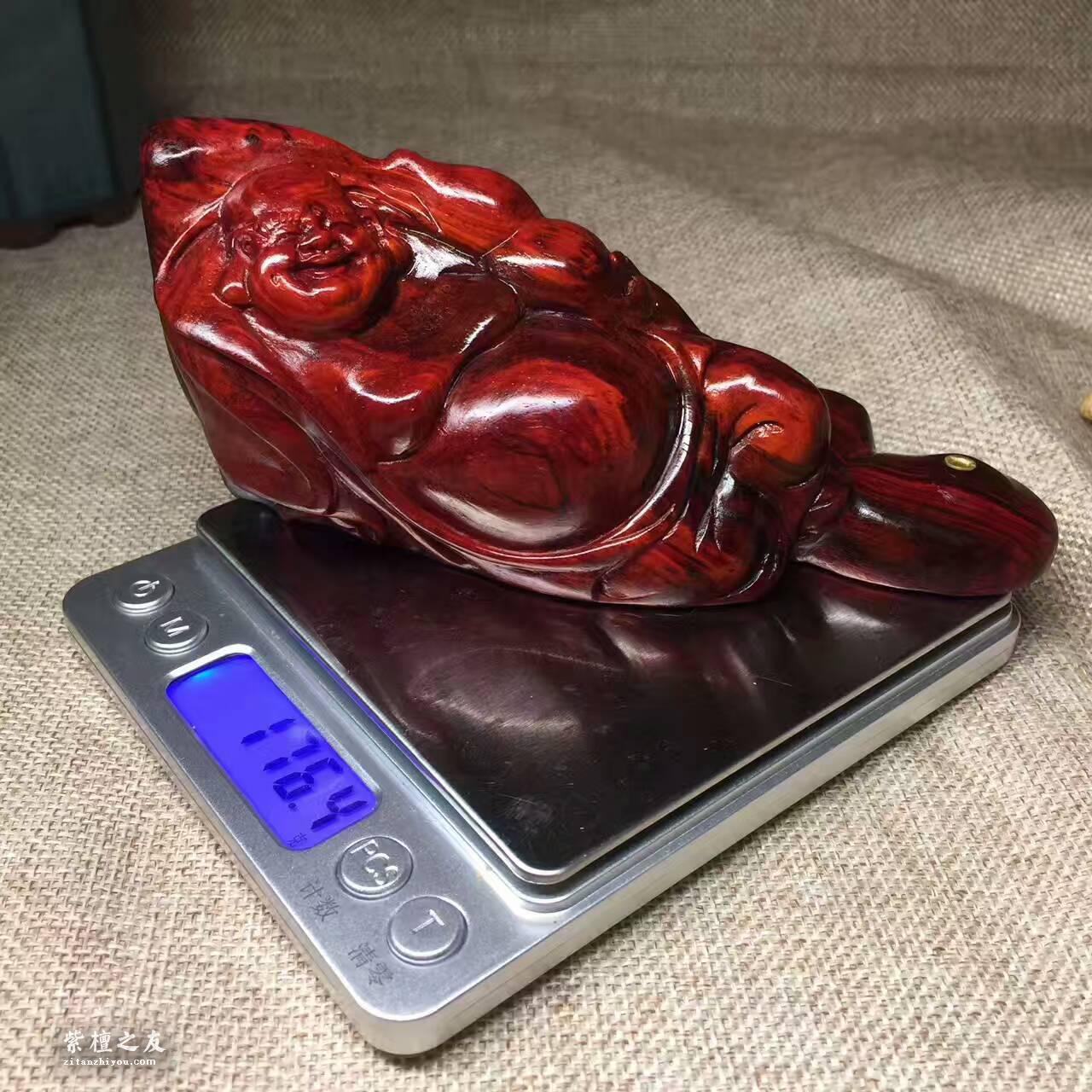 小叶紫檀《招财布袋弥勒佛》车摆件可当香插 正宗拆房老料加工-8