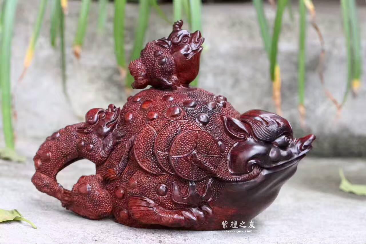 小叶紫檀茶壶《招财进宝》做工精美栩栩如生-2