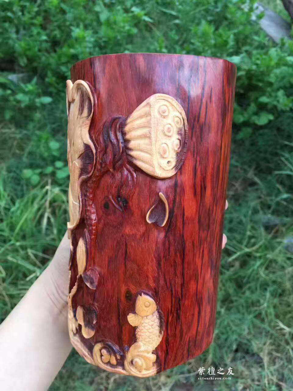 小叶紫檀笔筒《连年有余》手工制作白皮巧雕独具特色-4