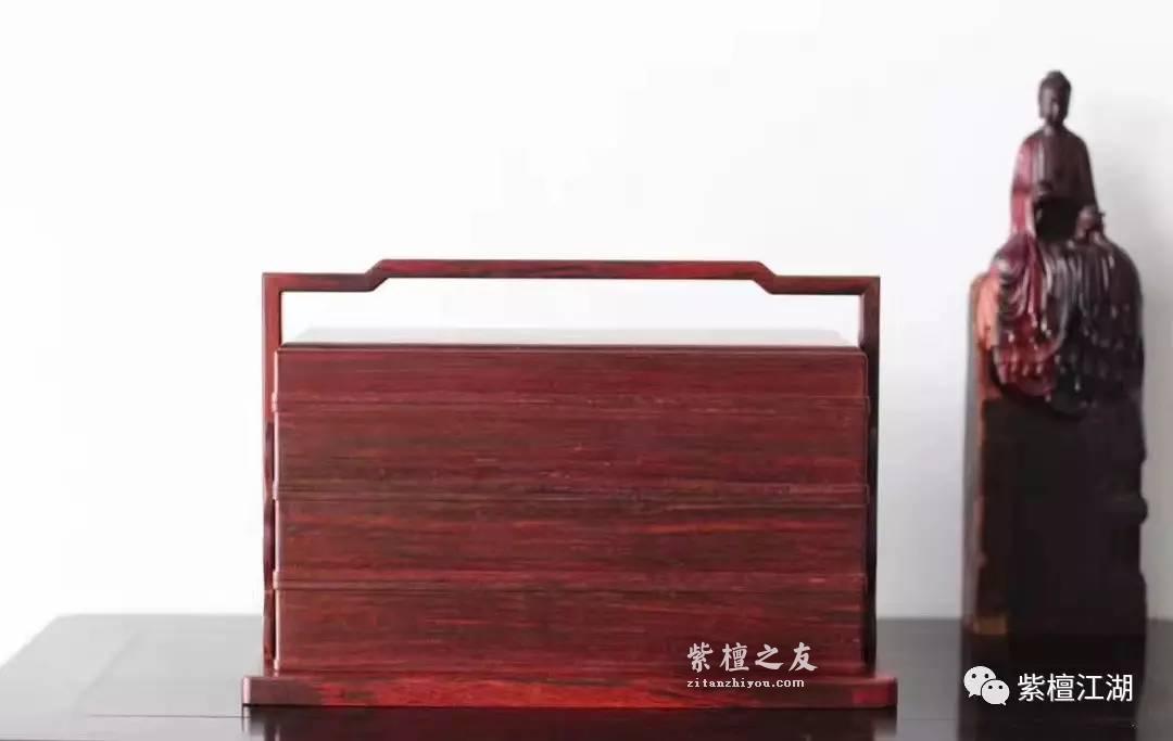 小叶紫檀三撞式提梁盒 材质稳定带有水波纹理-2