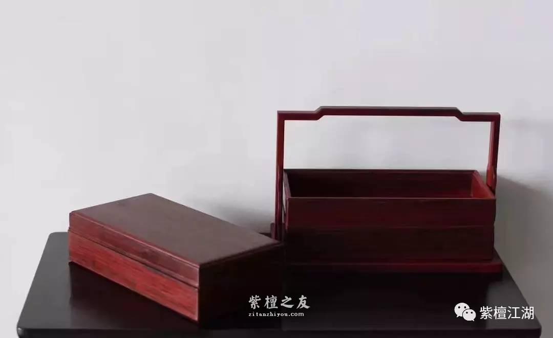 小叶紫檀三撞式提梁盒 材质稳定带有水波纹理-3