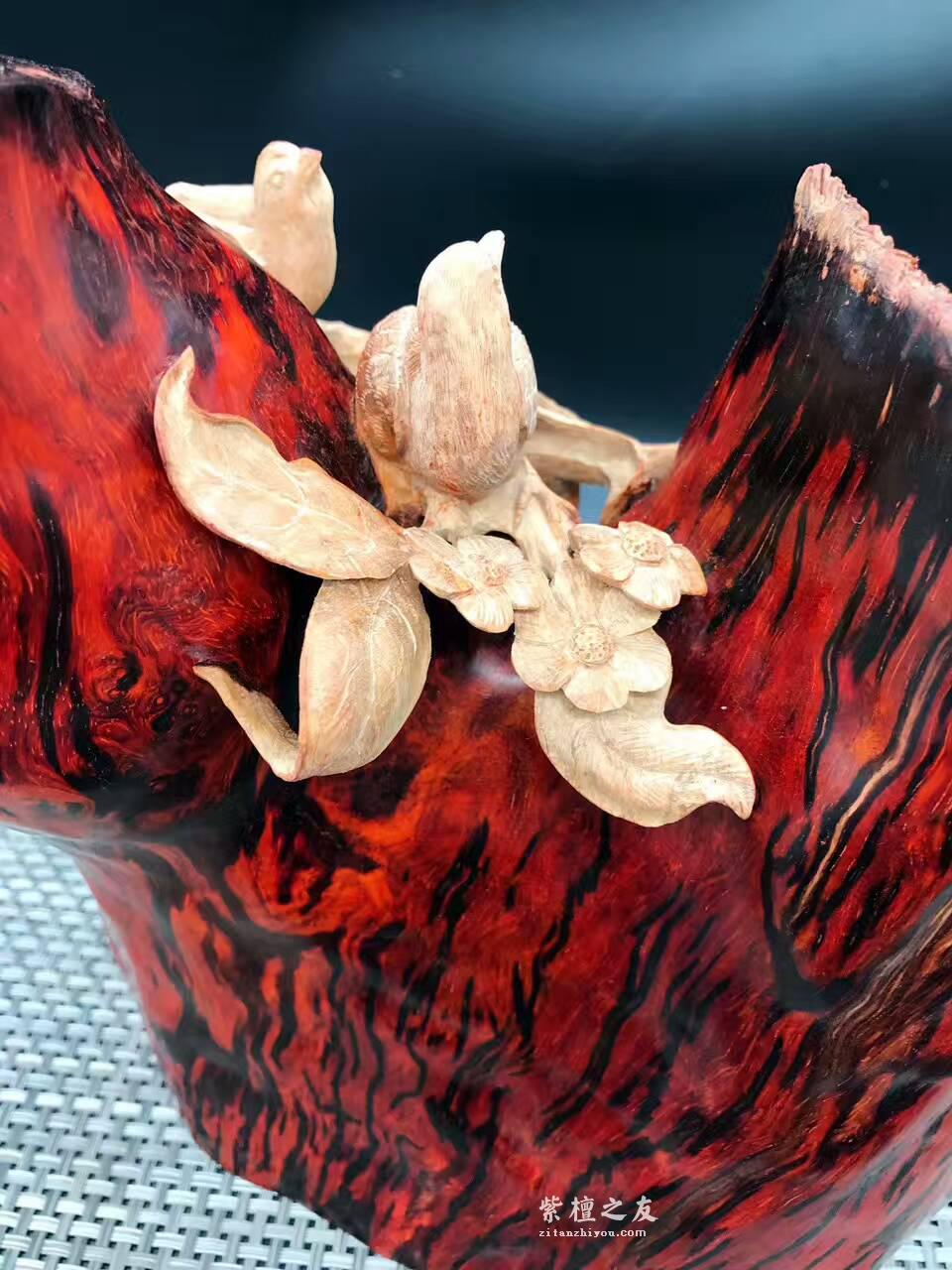 印度小叶紫檀金星瘤料摆件 巧雕枯木白皮喜上眉梢-9