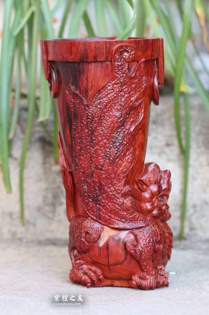 小叶紫檀貔貅杯 鸡血红呢料油性一流纯手工精工雕刻-3