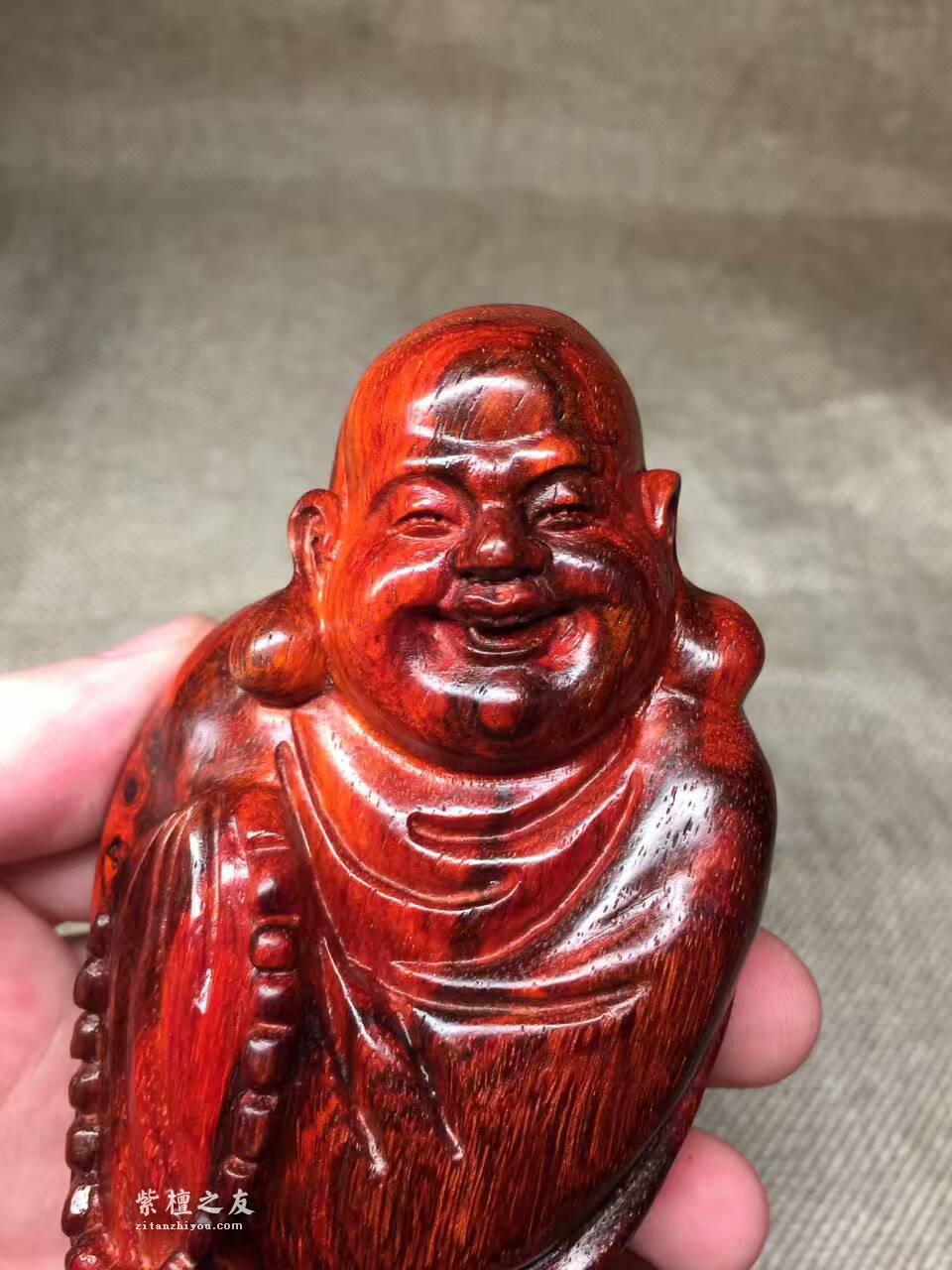 小叶紫檀火焰纹手把件《盘珠弥勒佛》带黑筋-1