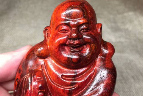 小叶紫檀火焰纹手把件《盘珠弥勒佛》带黑筋