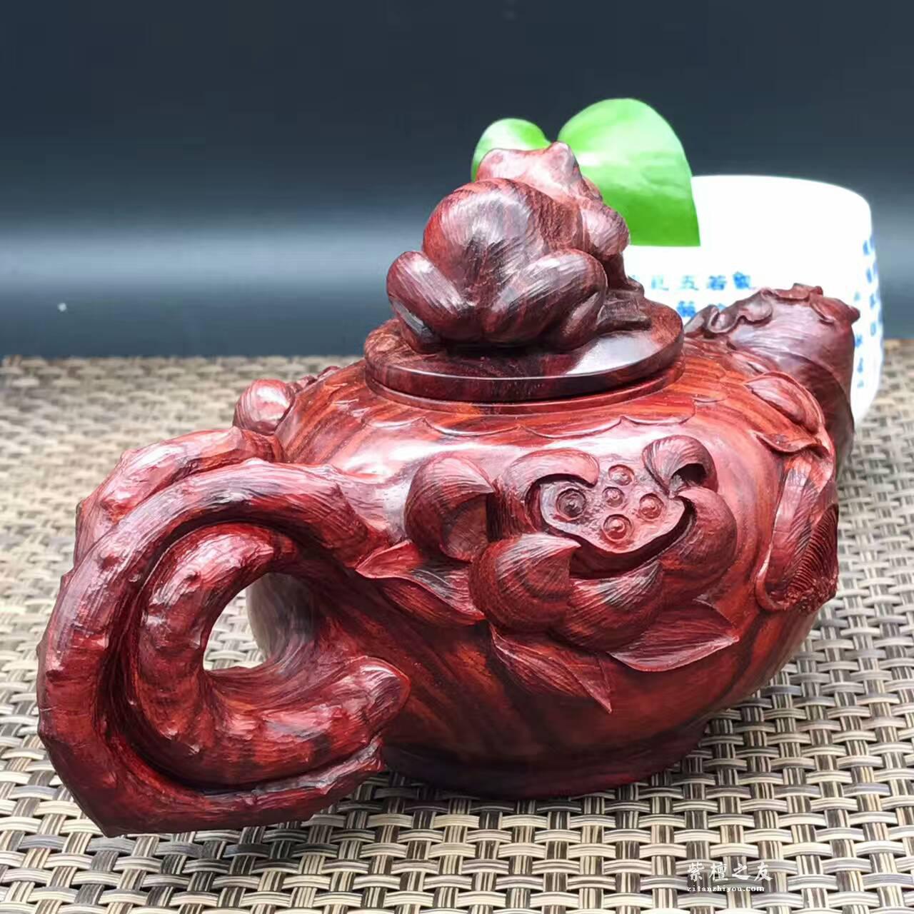 高密度泥料印度小叶紫檀纯手工雕刻摆件壶《不染淤泥》-3
