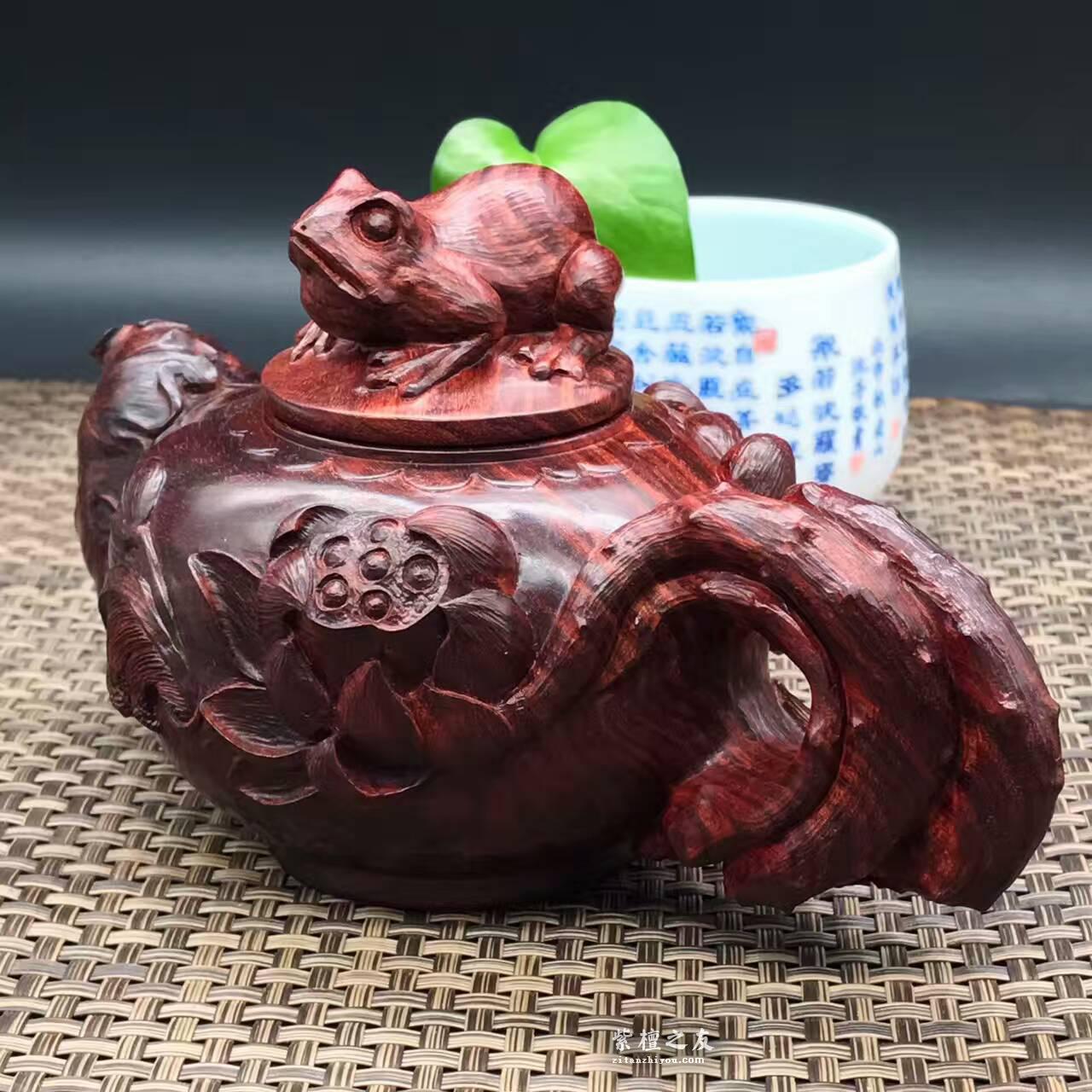 高密度泥料印度小叶紫檀纯手工雕刻摆件壶《不染淤泥》-7