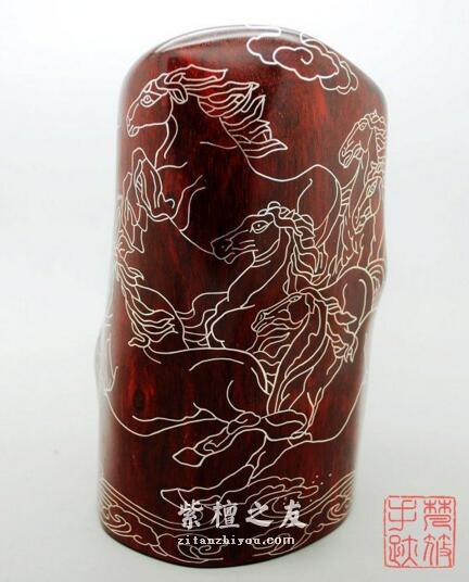 紫檀镶嵌银丝八骏图摆件 小叶紫檀搭配银丝高贵典雅-3