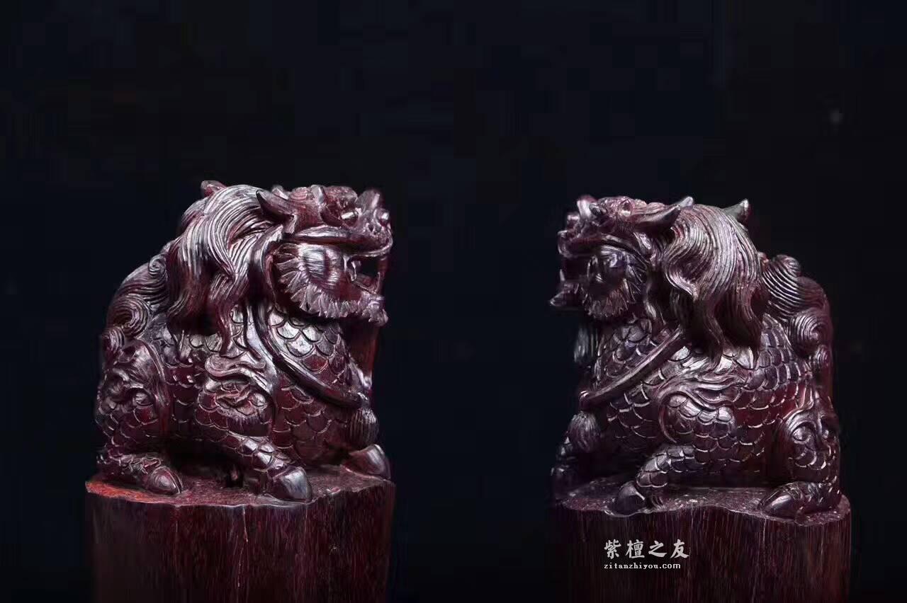 小巧摆件《麒麟纳福》吉祥瑞兽一对 印度小叶紫檀拆房老料材质-8