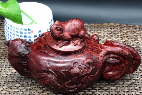 印度小叶紫檀壶把件 精雕荷花青蛙纯手工雕刻