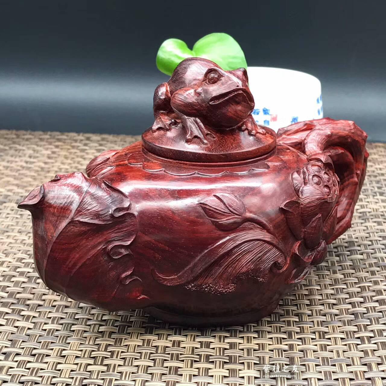 印度小叶紫檀壶把件 精雕荷花青蛙纯手工雕刻-9