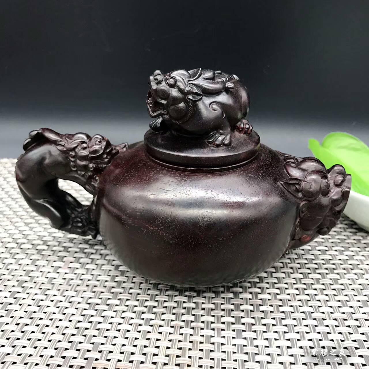 印度小叶紫檀壶把件 纯手工精雕貔貅瑞兽吉祥如意-3