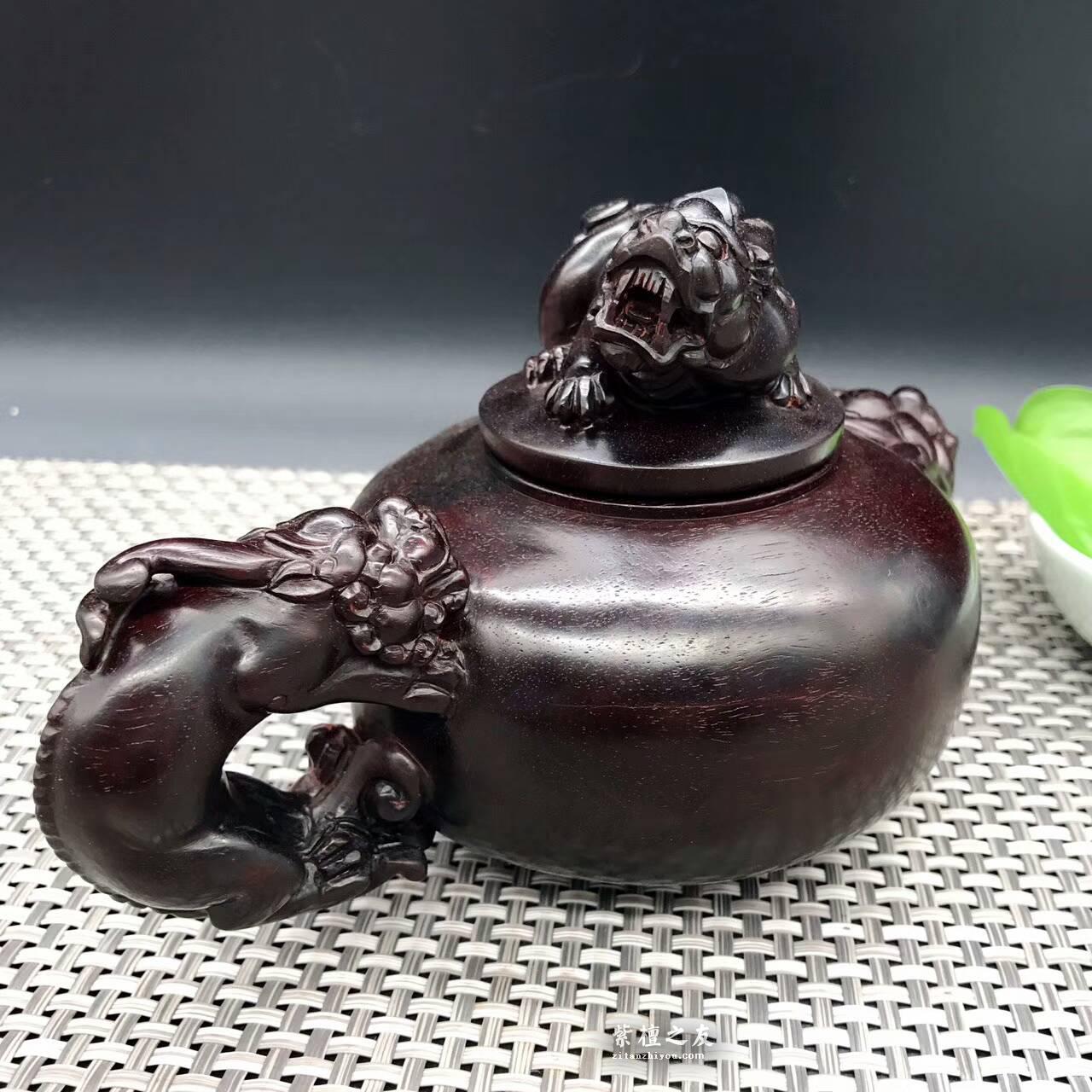 印度小叶紫檀壶把件 纯手工精雕貔貅瑞兽吉祥如意-2