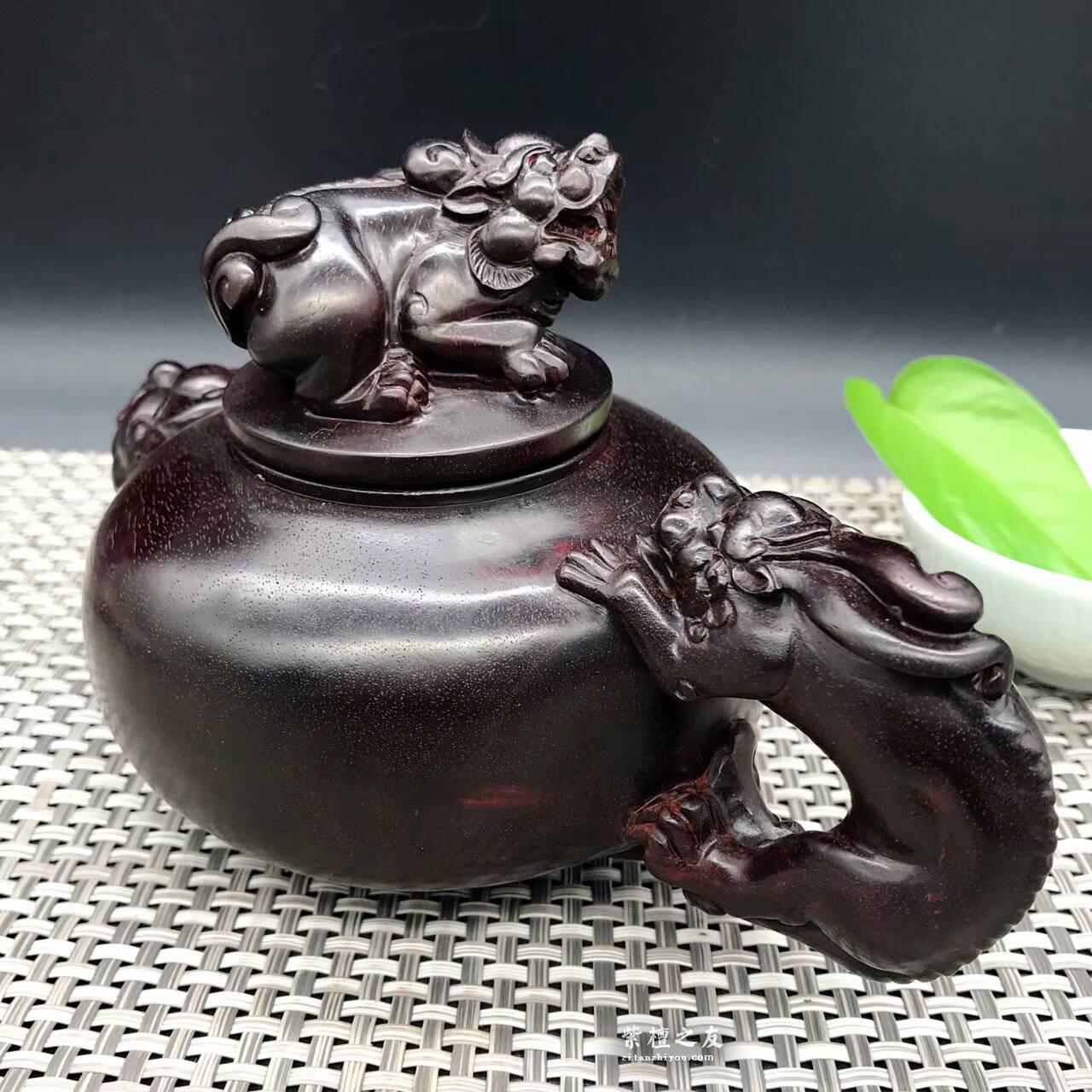 印度小叶紫檀壶把件 纯手工精雕貔貅瑞兽吉祥如意-1