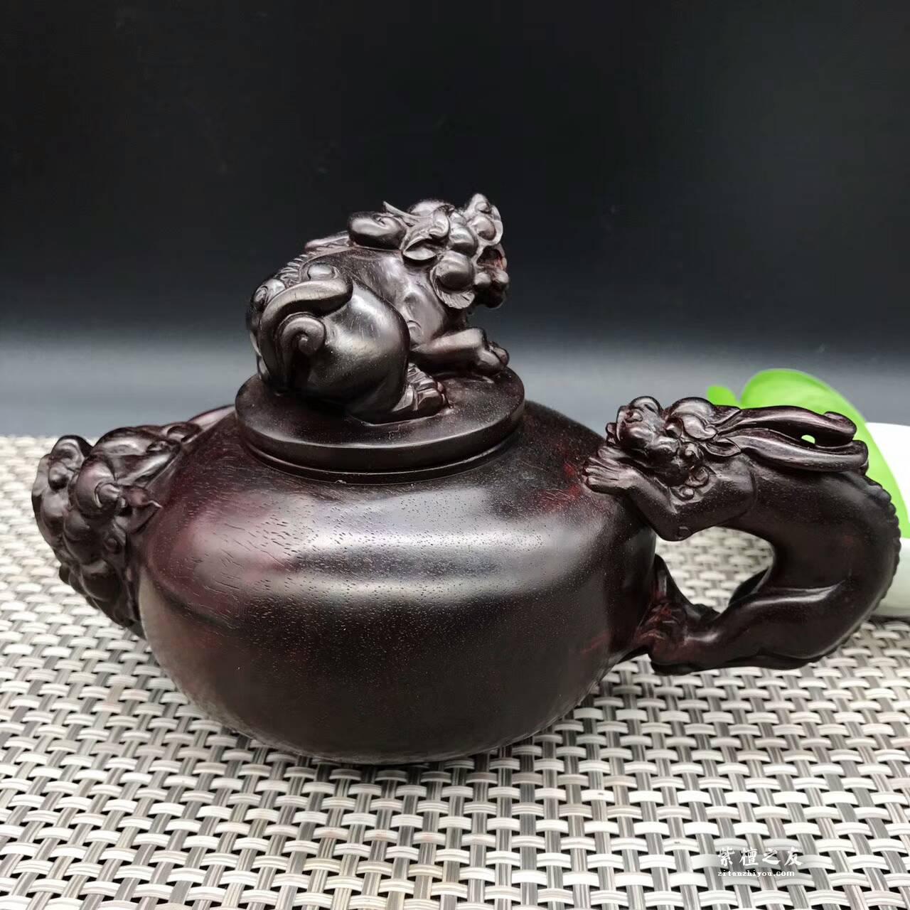 印度小叶紫檀壶把件 纯手工精雕貔貅瑞兽吉祥如意-5