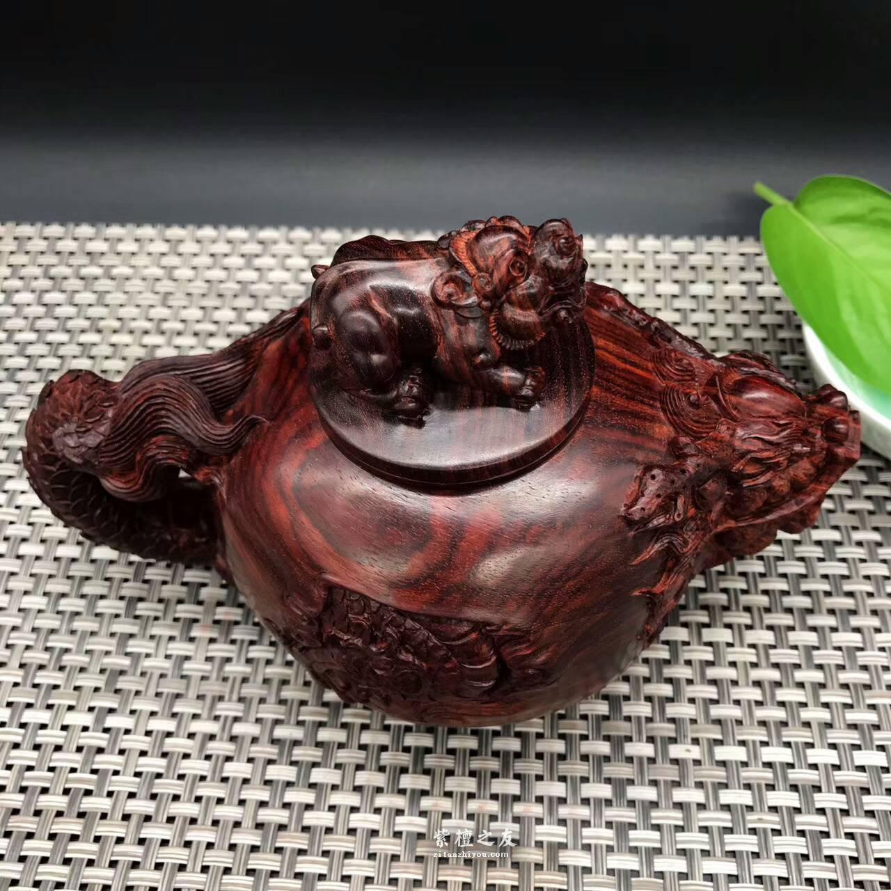 印度小叶紫檀壶把件 精雕龙龟貔貅寓意健健康康生龙活虎-3