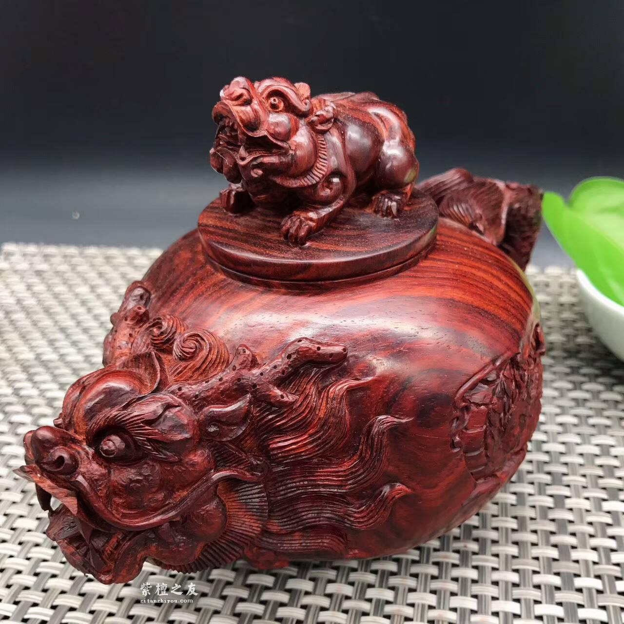 印度小叶紫檀壶把件 精雕龙龟貔貅寓意健健康康生龙活虎-5