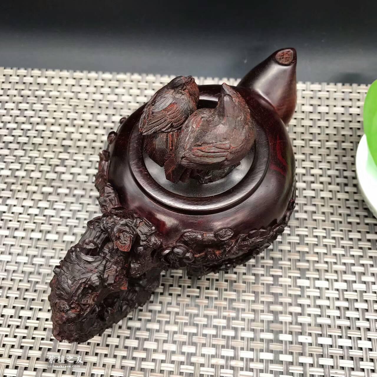 印度小叶紫檀壶把件 精雕喜上眉梢寓意双喜临门-2