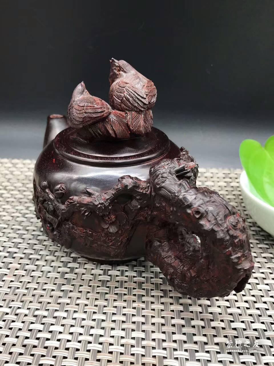 印度小叶紫檀壶把件 精雕喜上眉梢寓意双喜临门-3