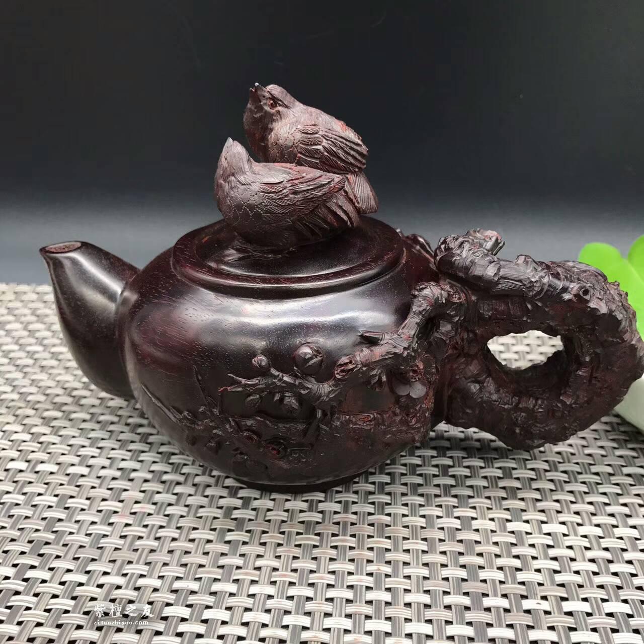 印度小叶紫檀壶把件 精雕喜上眉梢寓意双喜临门-7