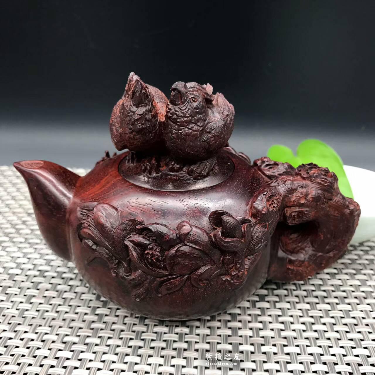 印度小叶紫檀壶把件 精雕荷花鹦鹉和美长久-1