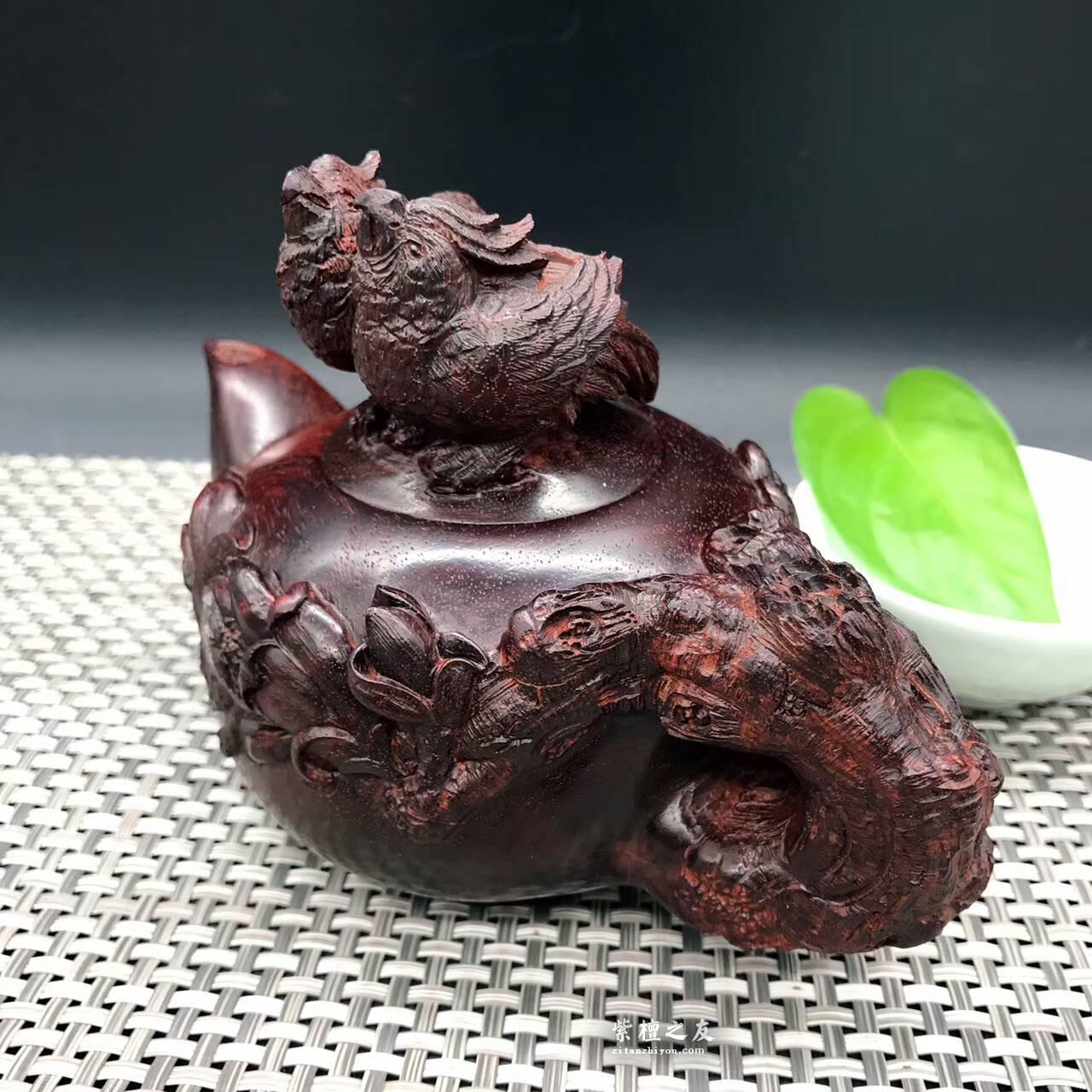 印度小叶紫檀壶把件 精雕荷花鹦鹉和美长久-3