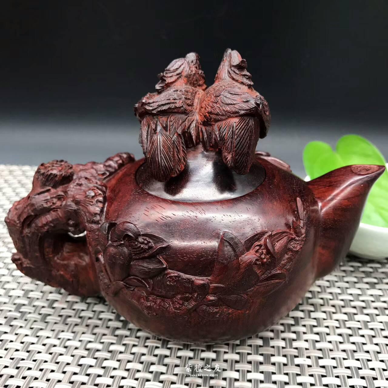 印度小叶紫檀壶把件 精雕荷花鹦鹉和美长久-4