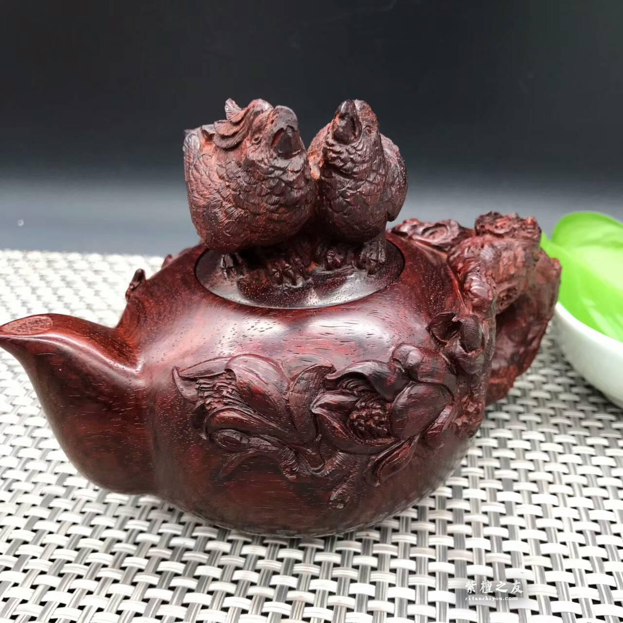 印度小叶紫檀壶把件 精雕荷花鹦鹉和美长久-5