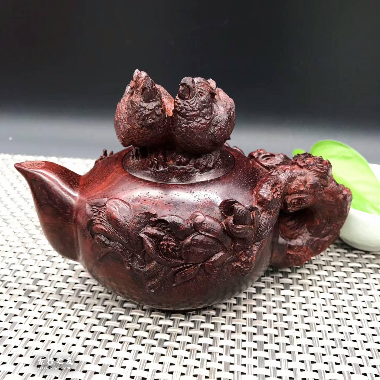 印度小叶紫檀壶把件 精雕荷花鹦鹉和美长久-7