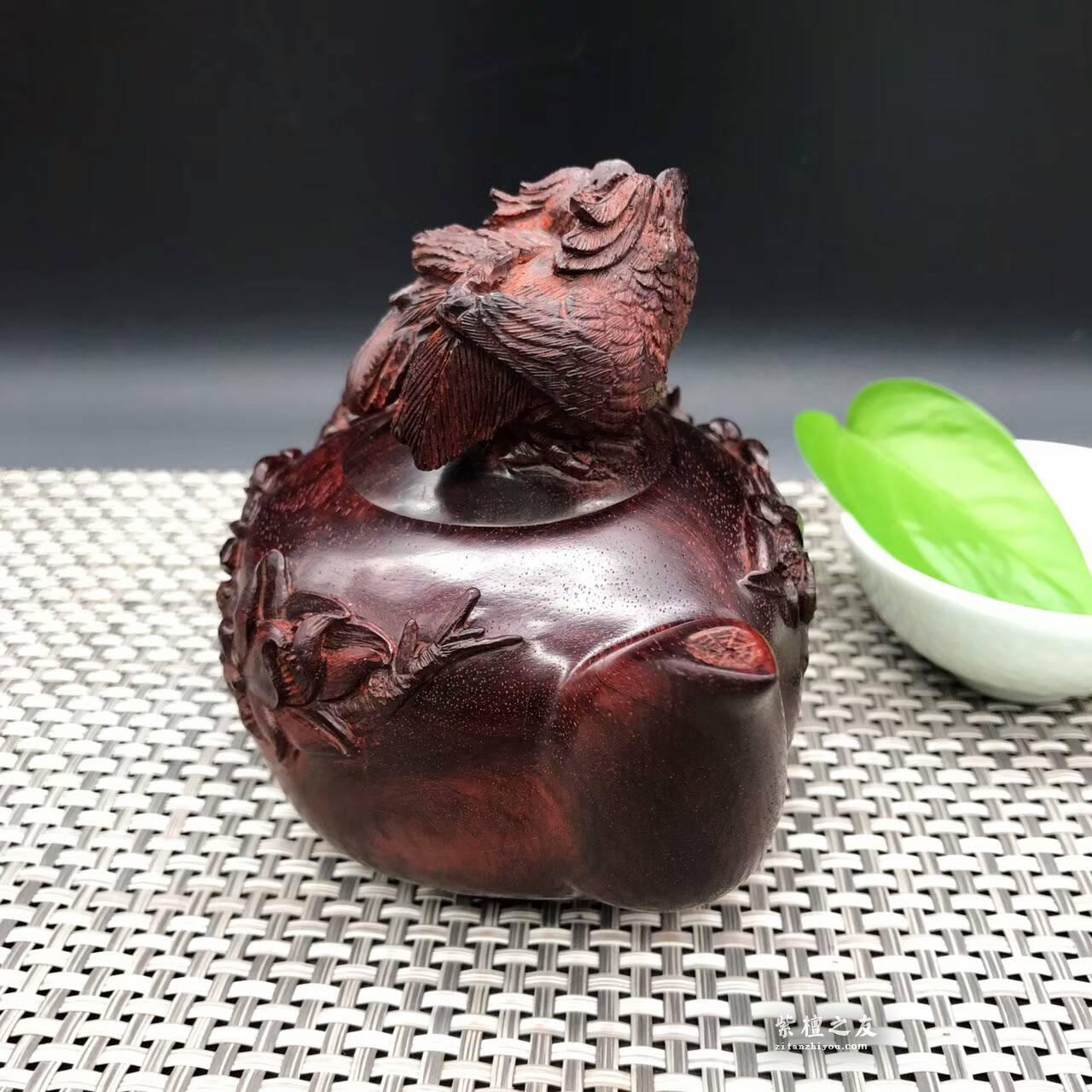 印度小叶紫檀壶把件 精雕荷花鹦鹉和美长久-9