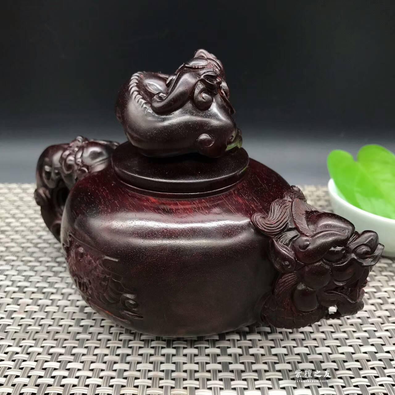 印度小叶紫檀壶把件 精雕貔貅瑞兽寓意招财进宝-1