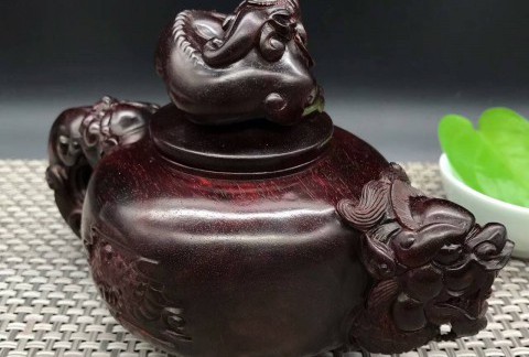 印度小叶紫檀壶把件 精雕貔貅瑞兽寓意招财进宝