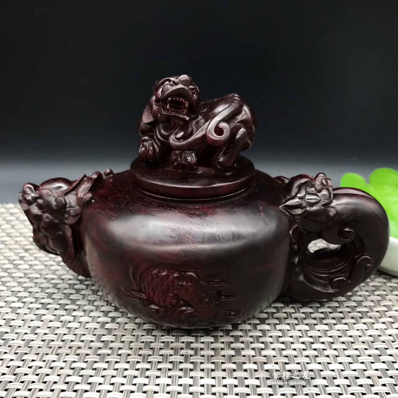 印度小叶紫檀壶把件 精雕貔貅瑞兽寓意招财进宝-3