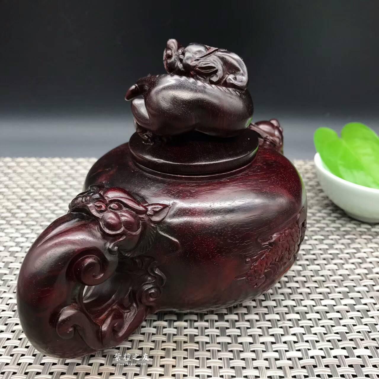 印度小叶紫檀壶把件 精雕貔貅瑞兽寓意招财进宝-4