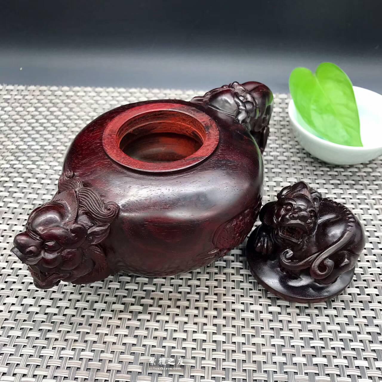 印度小叶紫檀壶把件 精雕貔貅瑞兽寓意招财进宝-6