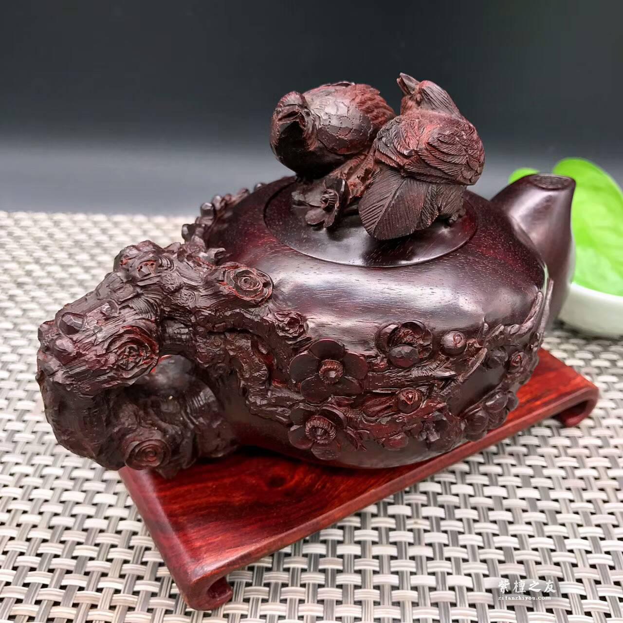 印度小叶紫檀壶把件 精雕喜上眉梢寓意双喜临门-1