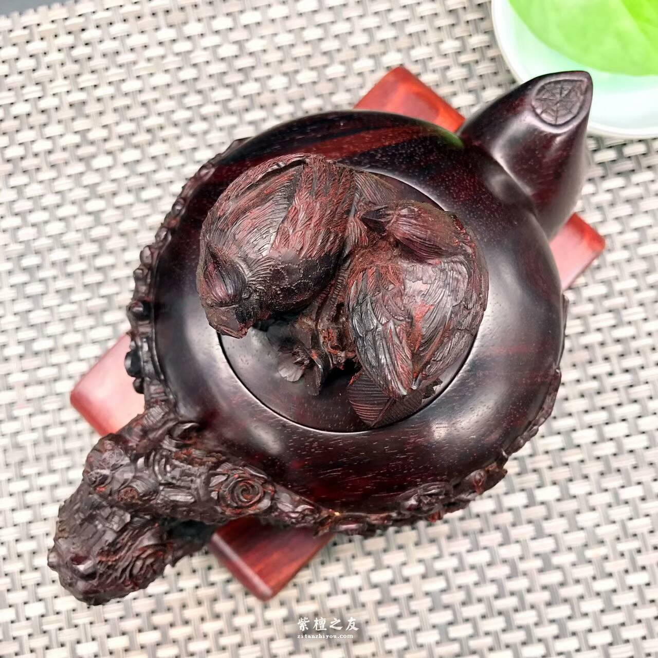 印度小叶紫檀壶把件 精雕喜上眉梢寓意双喜临门-2