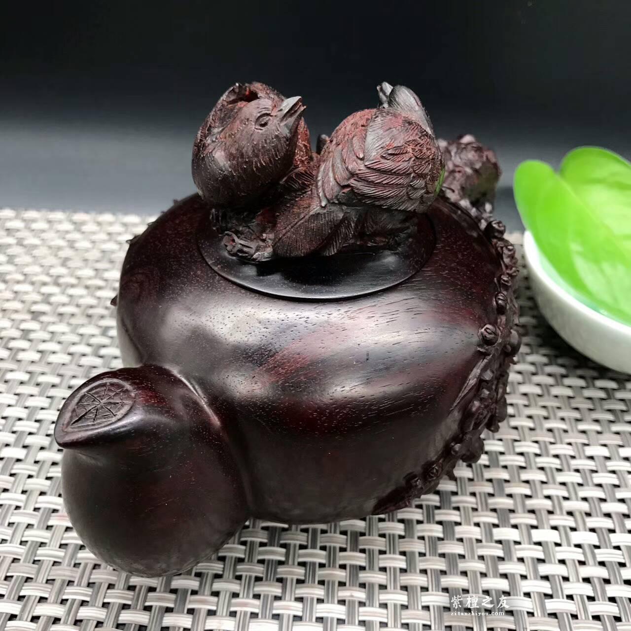 印度小叶紫檀壶把件 精雕喜上眉梢寓意双喜临门-5