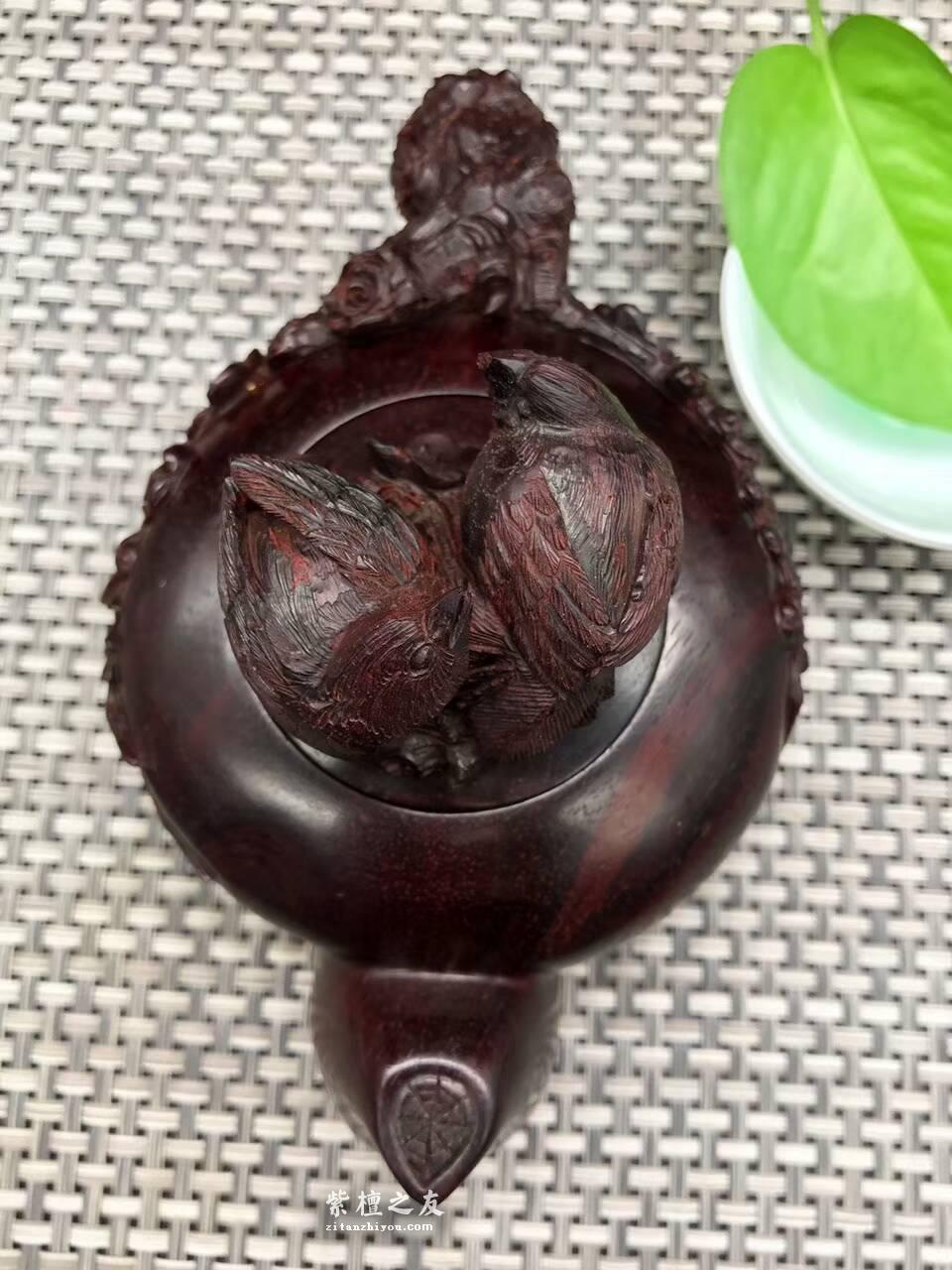 印度小叶紫檀壶把件 精雕喜上眉梢寓意双喜临门-6