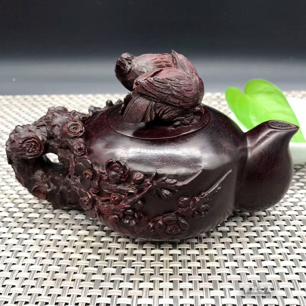 印度小叶紫檀壶把件 精雕喜上眉梢寓意双喜临门-7