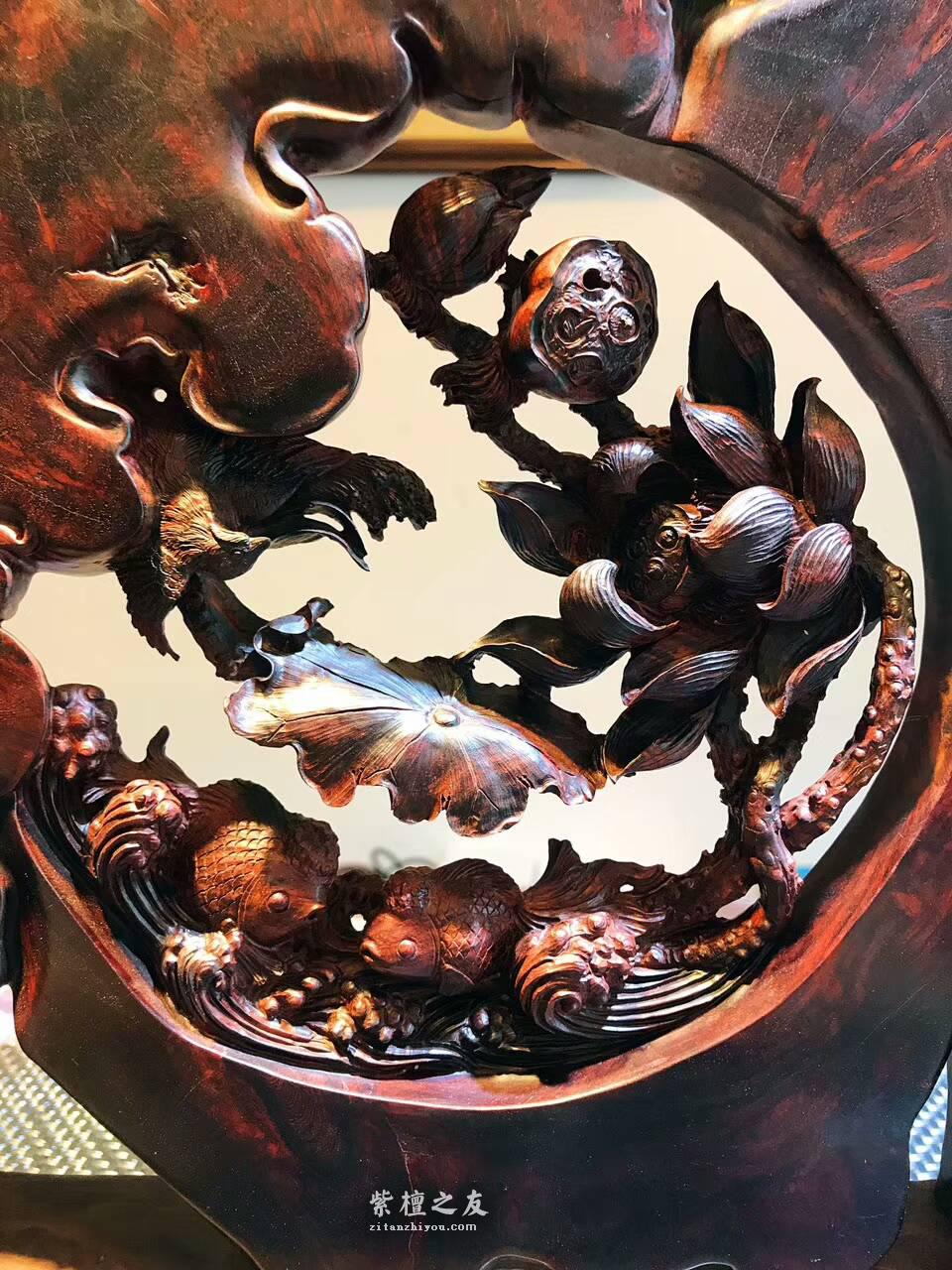 正宗印度小叶紫檀工艺品《和和美美》 高密度爆炸性瘤疤纯手工双面镂空雕-4