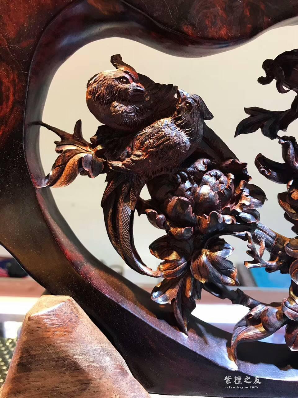 小叶紫檀镂空雕工艺品《鸟语花香》古色古香家居装饰首选-2