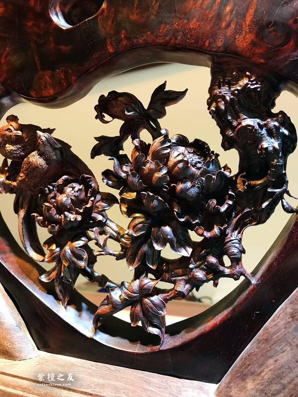 小叶紫檀镂空雕工艺品《鸟语花香》古色古香家居装饰首选-5