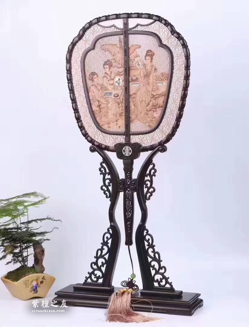 紫光檀嵌檀香宫扇摆件 画面精美做工细致复古风装饰-2