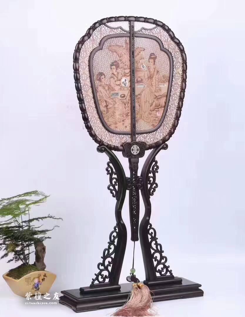 紫光檀嵌檀香宫扇摆件 画面精美做工细致复古风装饰-1