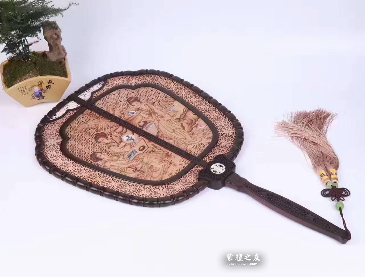 紫光檀嵌檀香宫扇摆件 画面精美做工细致复古风装饰-8
