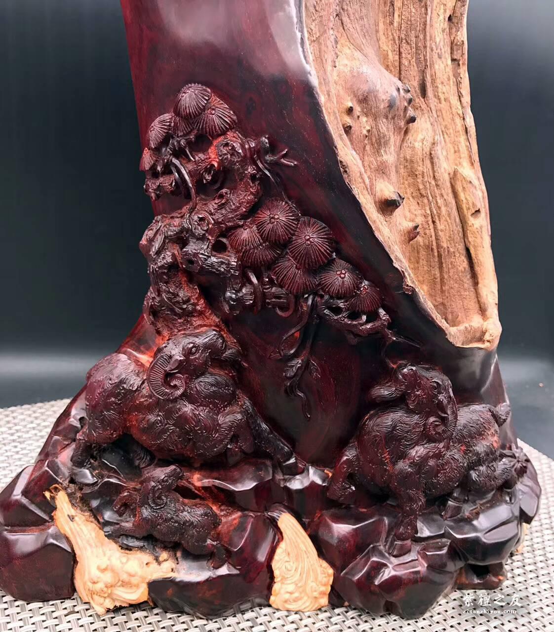小叶紫檀吉祥工艺品《三阳开泰》枯木老料手工雕刻古朴自然-7