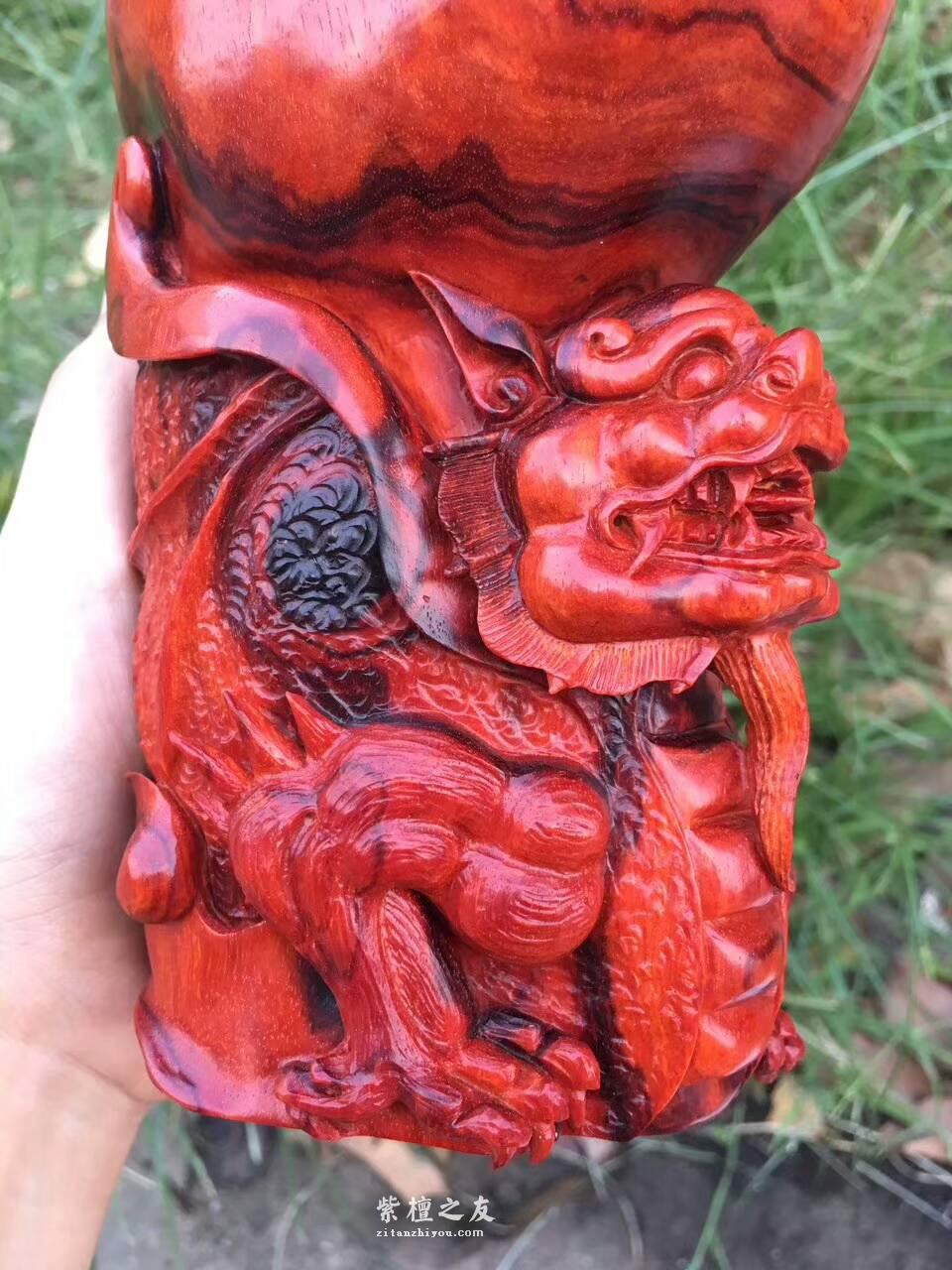 印度小叶紫檀《貔貅杯》 鸡血红呢料纯手工精工雕刻-4